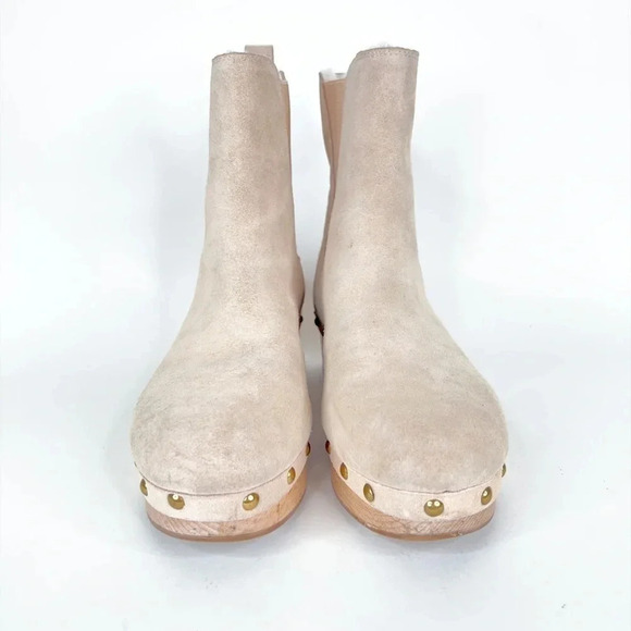 J Crew Clog Boots Leather Suede Faux Fur Lined Bronzed Clay Beige Size 8.5 - Picture 3 of 11